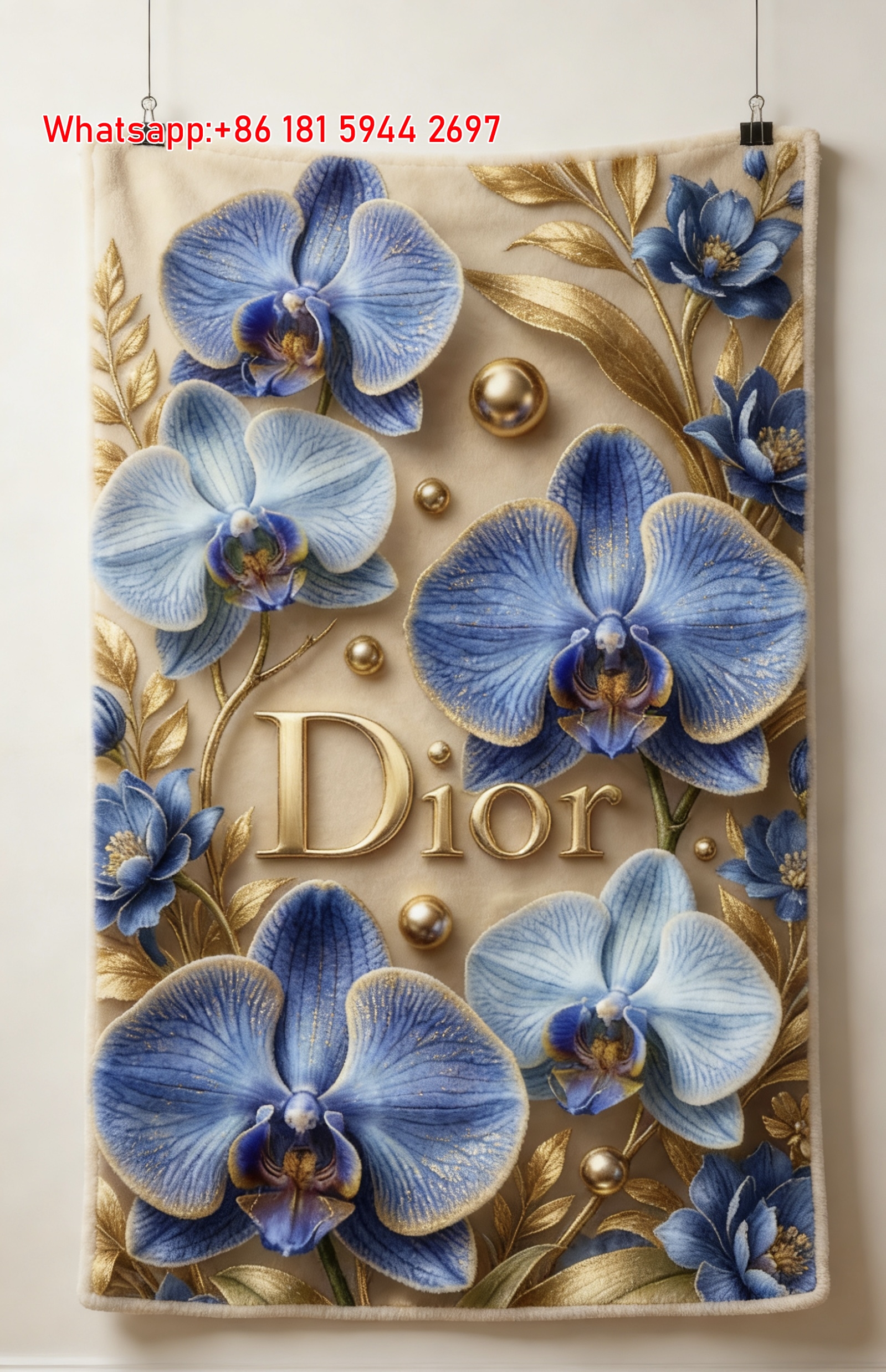 Dior 3D Blue Orchid & Gold Leaf Art Flannel Throw Blanket Sofa Cover Blanket D407